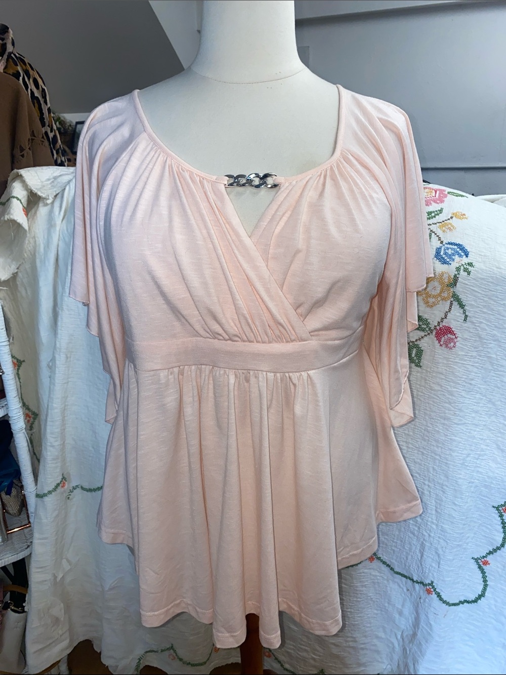 Knit Blouse - Light Blush Pink Wrap Front Top - angel sleeves- 3X (runs small)